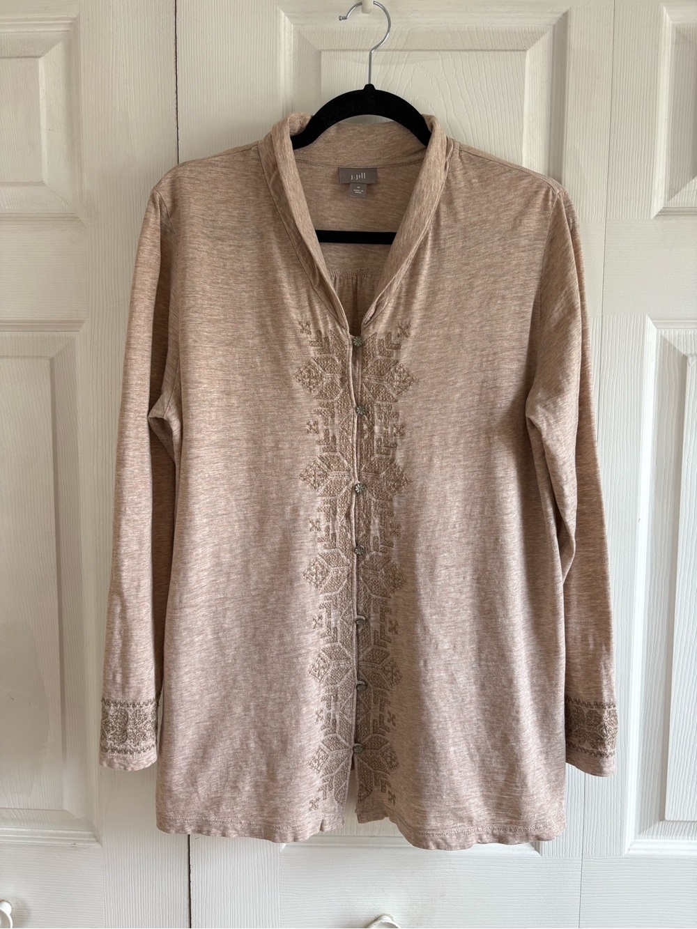 J. Jill M Oatmeal Tan Embroidery Long Sleeve Top Boho Western Lagenlook Preppy